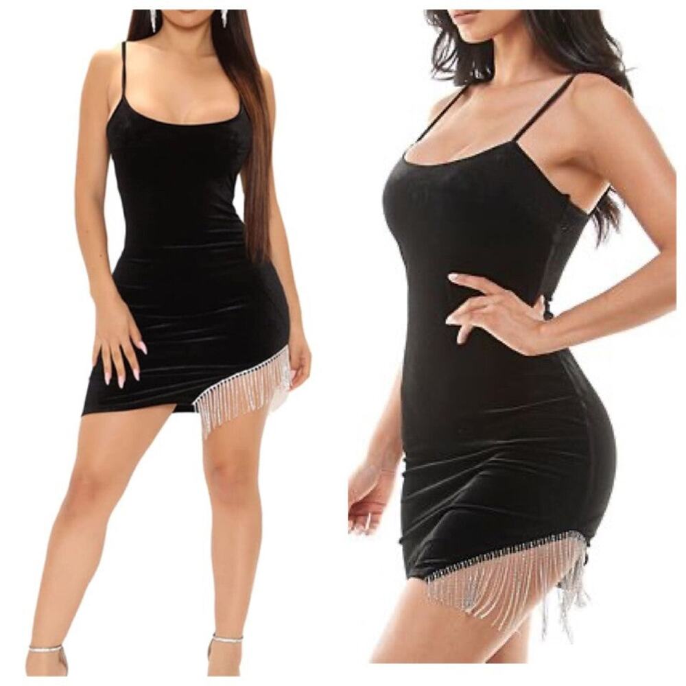 City Vibe Black Velvety Fringe Dress